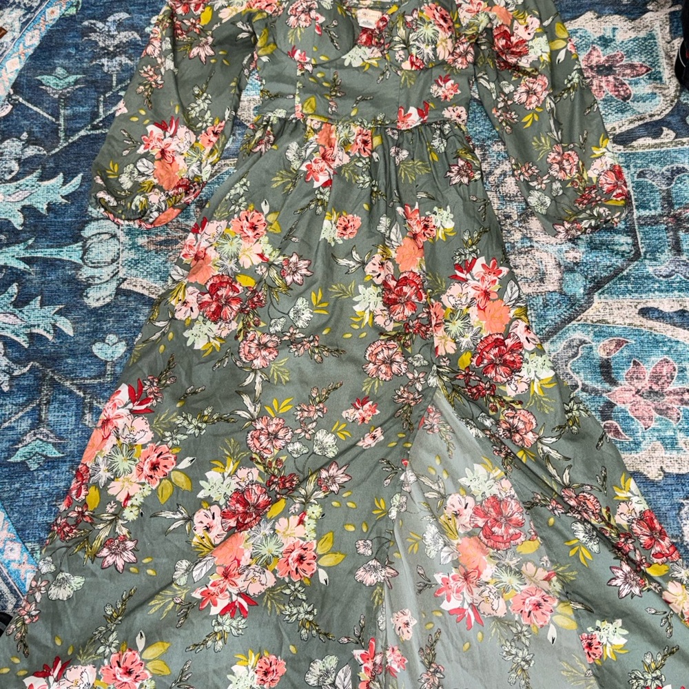 B.O.G (BAND OF GYPSIES) Elegant Green Floral Long Sleeve Dress